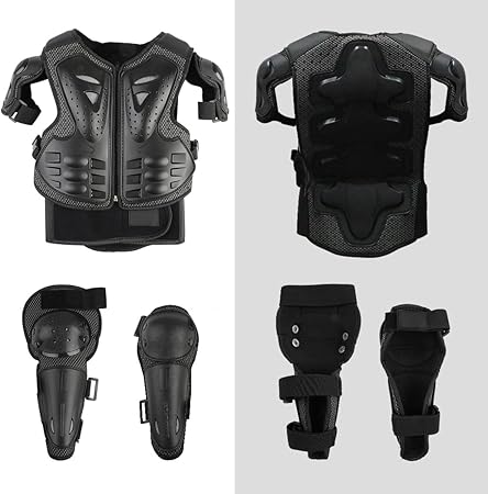 JUSTDOLIFE Kinder-Motorradschutz SET - 4/6/8/10/12/14 Jahre (Schwarz)