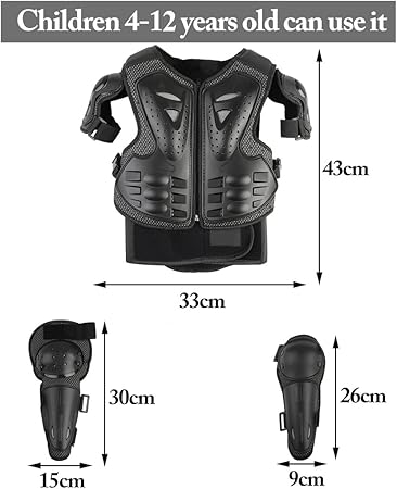 JUSTDOLIFE Kinder-Motorradschutz SET - 4/6/8/10/12/14 Jahre (Schwarz)