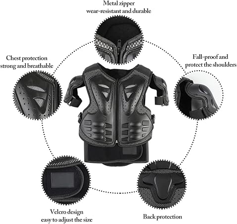 JUSTDOLIFE Kinder-Motorradschutz SET - 4/6/8/10/12/14 Jahre (Schwarz)