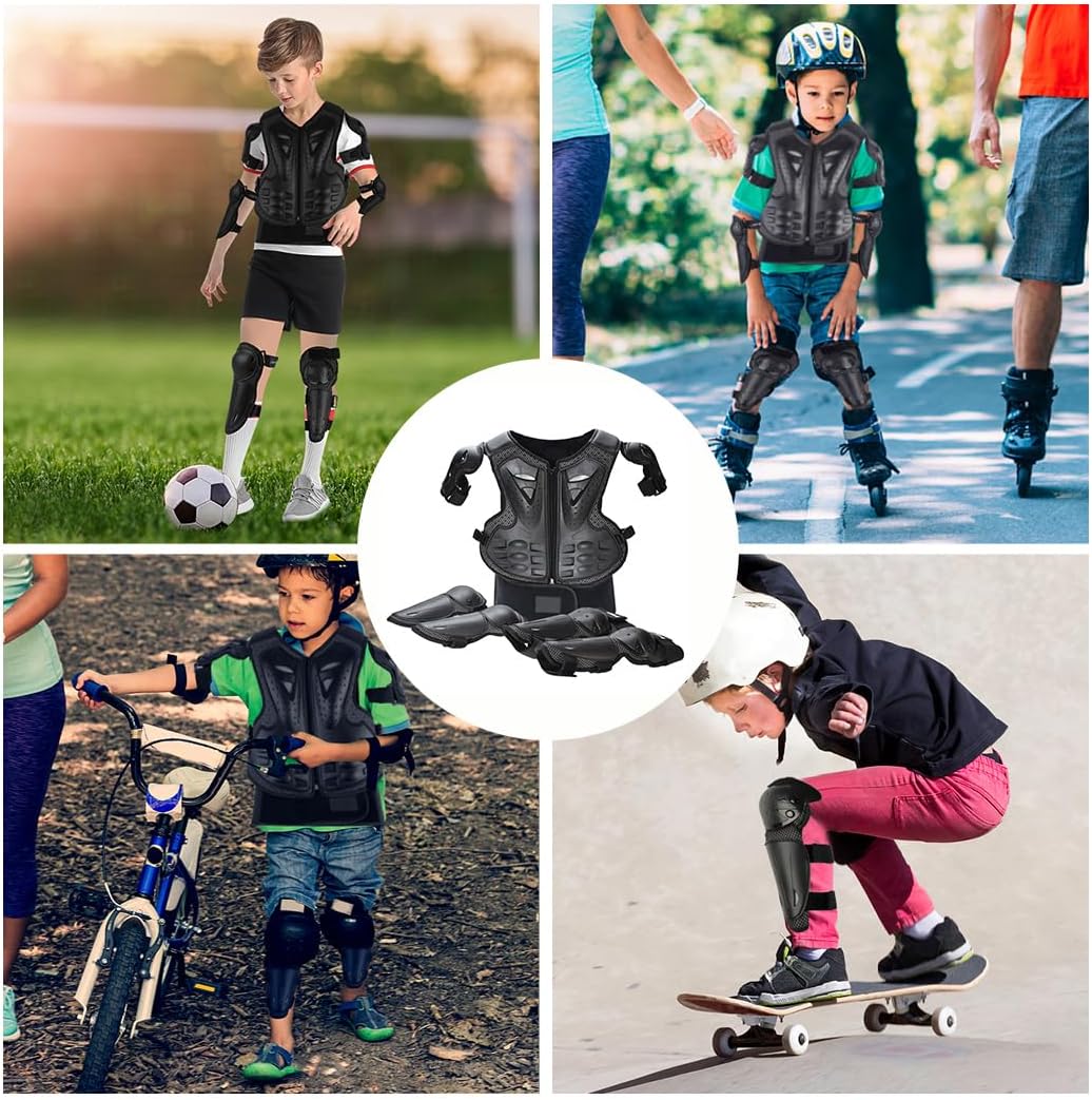 JUSTDOLIFE Kinder-Motorradschutz SET - 4/6/8/10/12/14 Jahre (Schwarz)