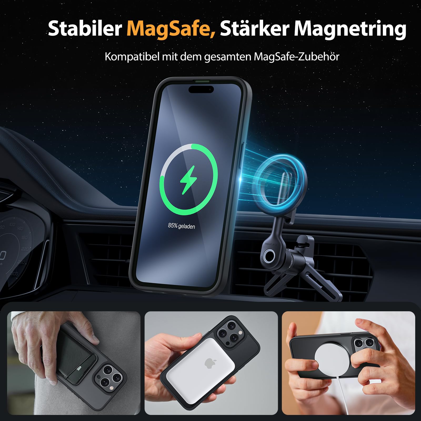 Magnetische Hülle – iPhone 15 Pro, MagSafe, 2 Displayschutzfolien, Stossfest, Schwarz