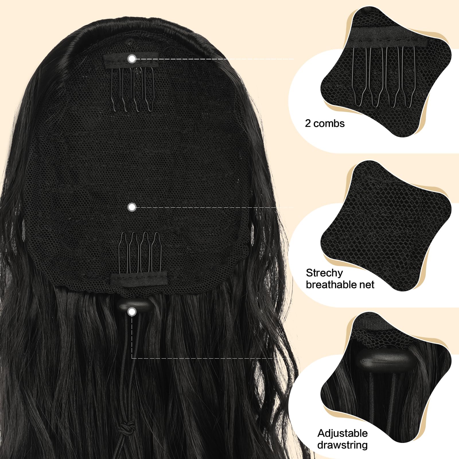 schwarze Pferdeschwanzverlängerung mit Zugband 45cm