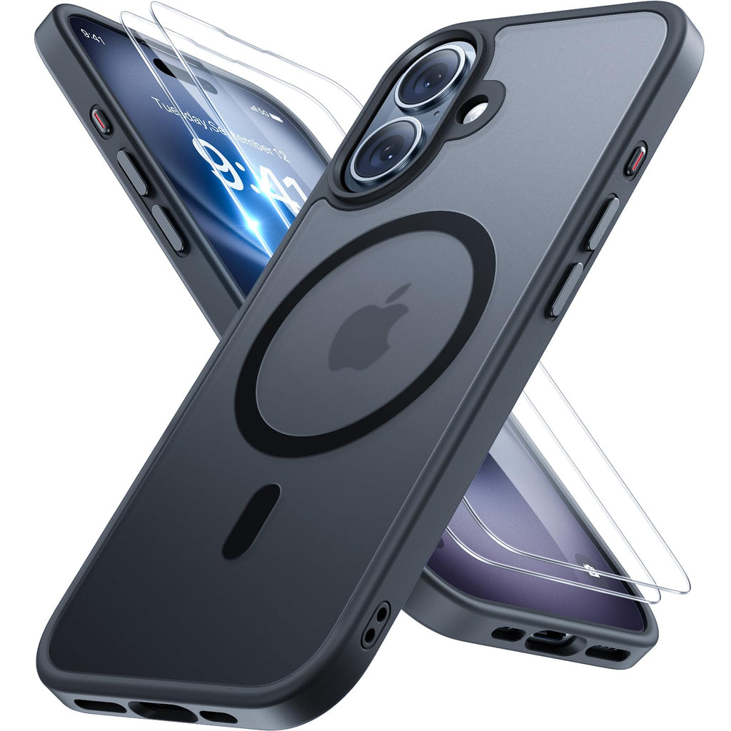 Magnetische Hülle – iPhone 16, MagSafe, 2 Displayschutzfolien, Schwarz Slim