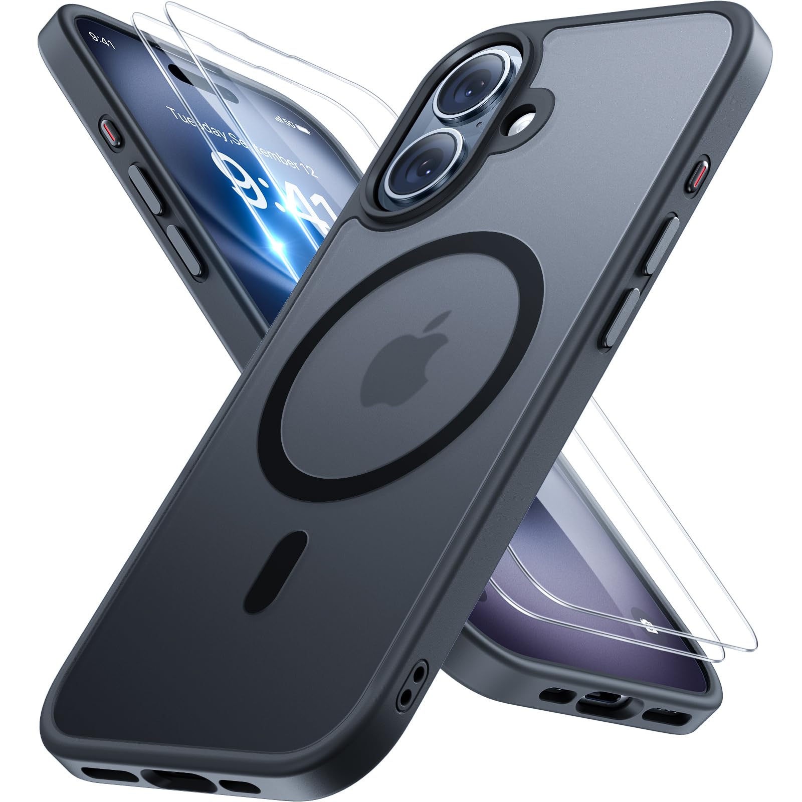 Magnetische Hülle – iPhone 16, MagSafe, 2 Displayschutzfolien, Schwarz Slim