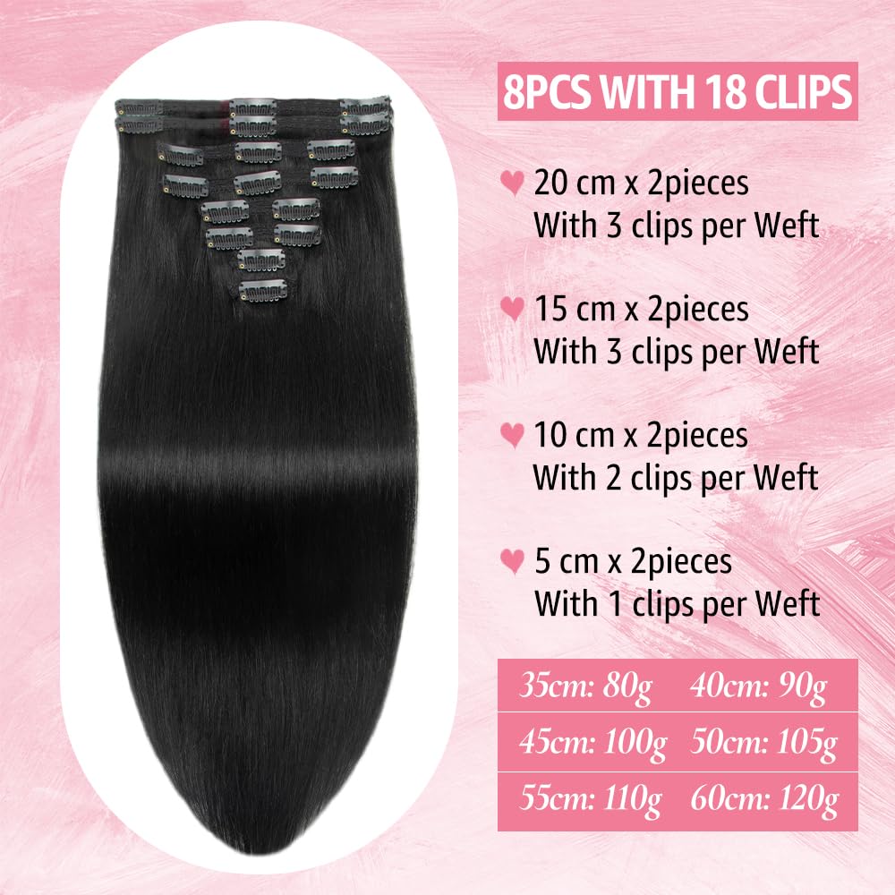 Doupor Clip-in Haarverlängerungen Echthaar Schwarz 40cm