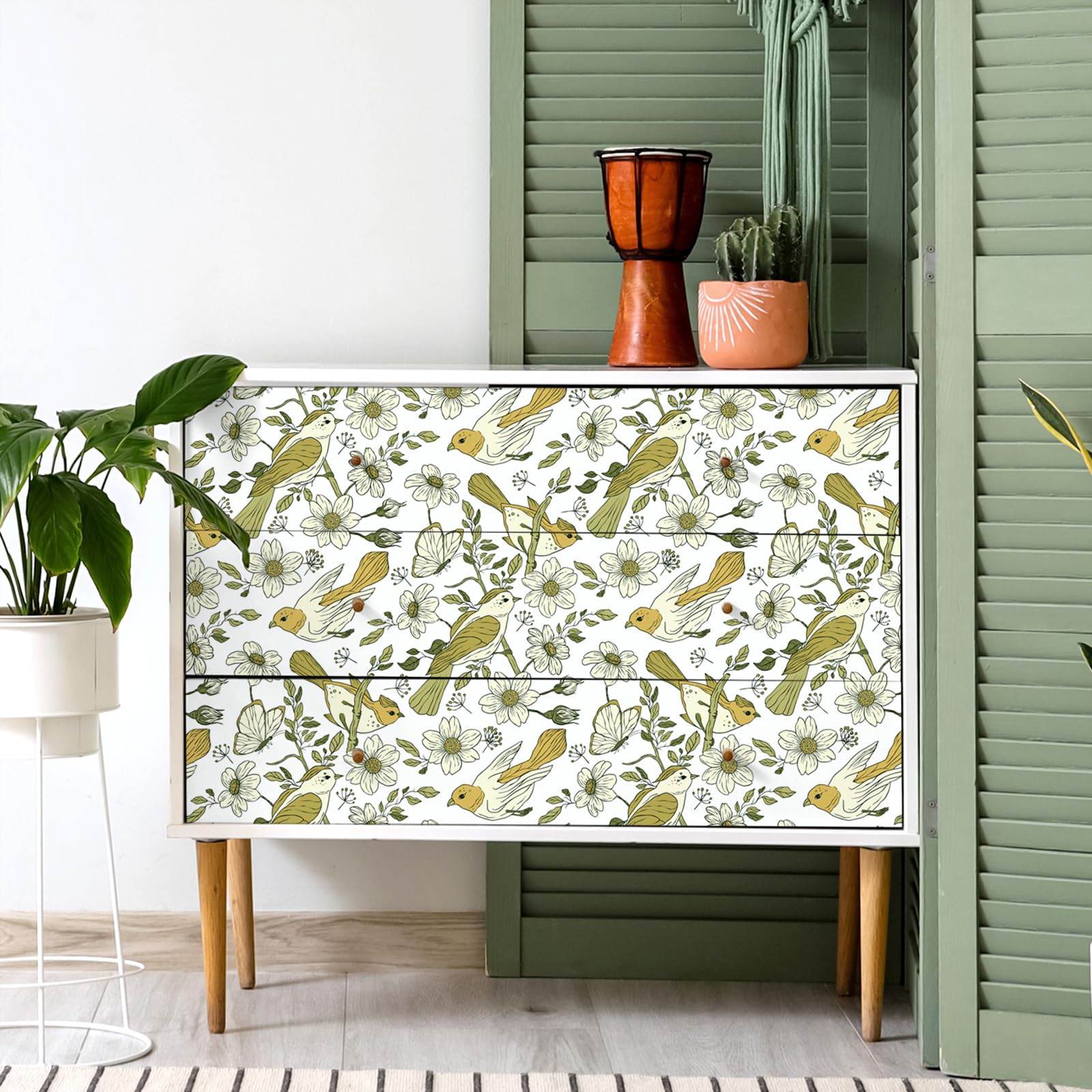 VaryPaper Selbstklebende Tapete Vogel und Blumen – Vintage Klebefolie Beige 44,5 x 200 cm