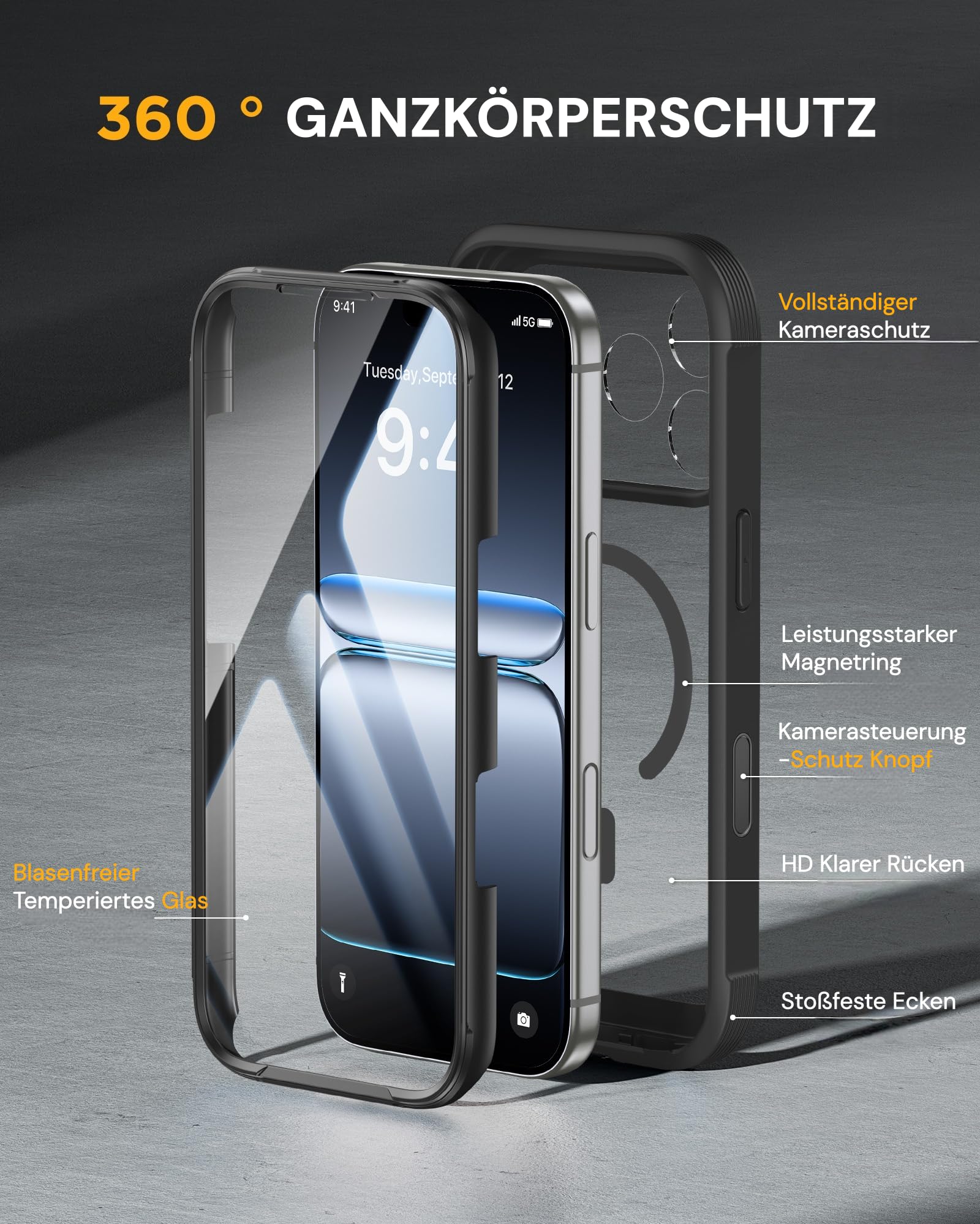 Miracase Hülle – iPhone 17 Pro Max, MagSafe, 360-Grad-Schutz, Schwarz