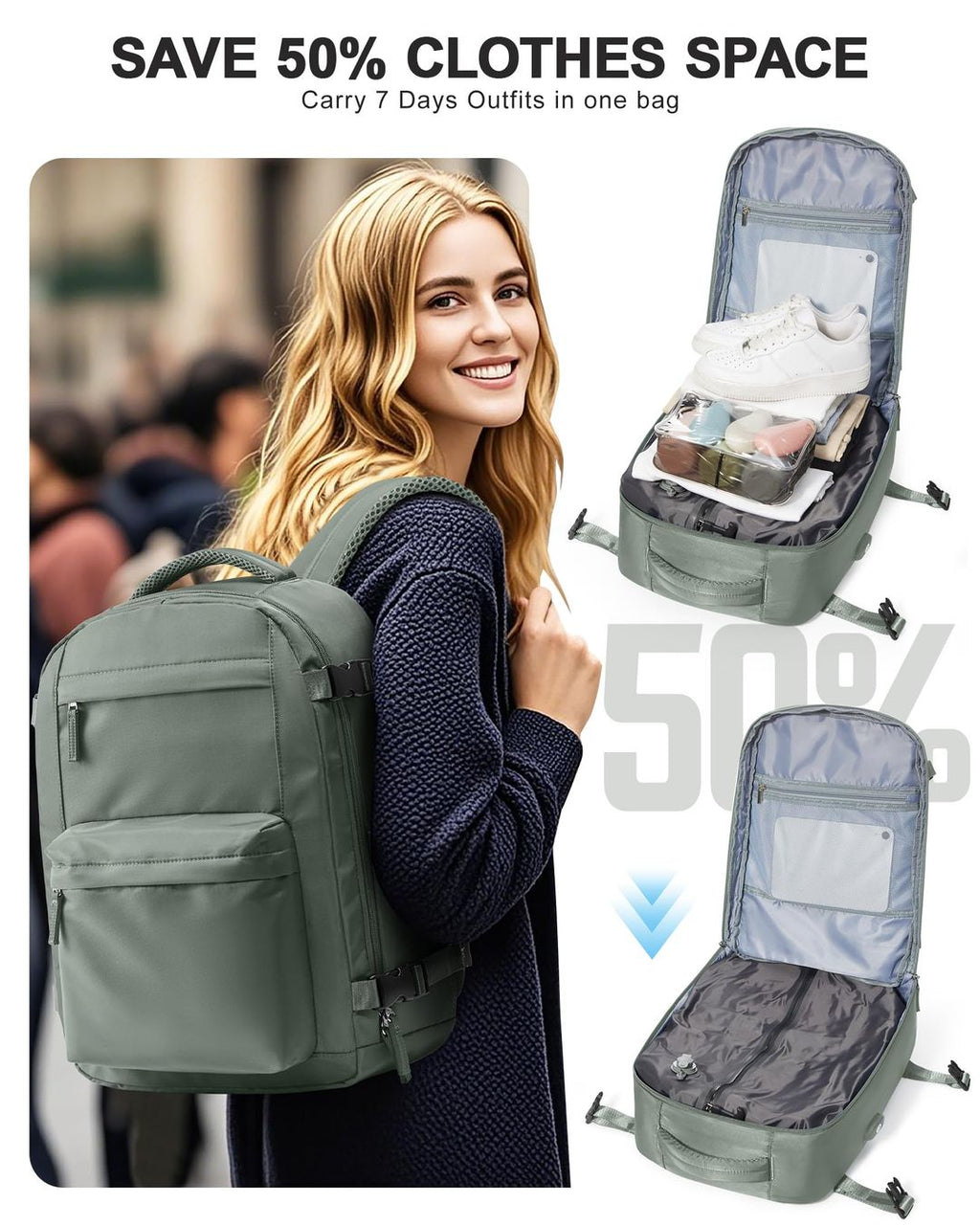 Vakuum Rucksack mit Pumpe – Reise-Luftsack, Gruen