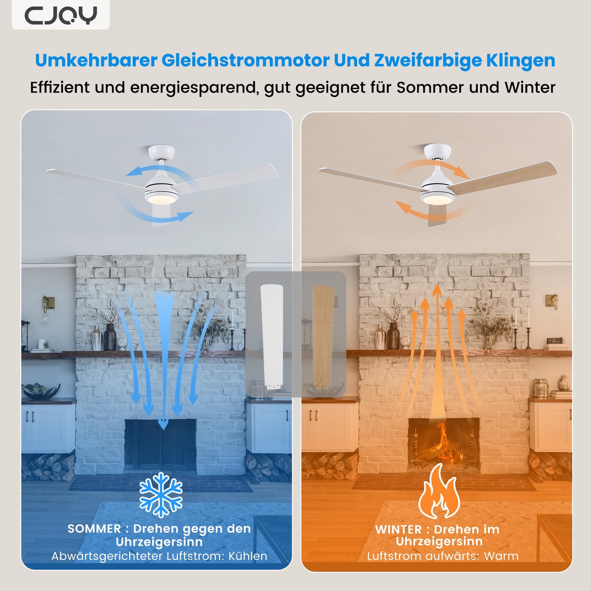 CJOY Deckenventilator mit Fernbedienung, 132 cm, weiß/holzfarben