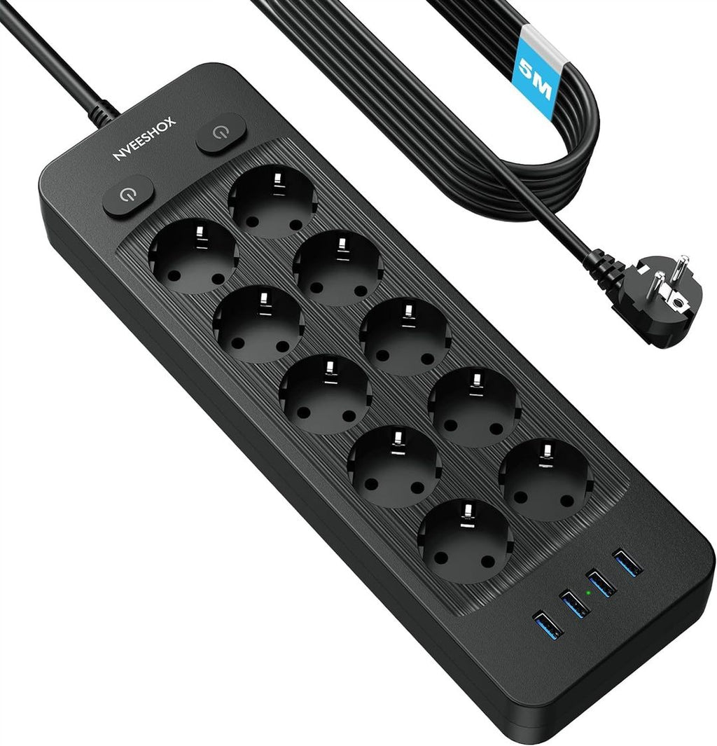 Steckdosenleiste 10-fach Einzeln Schaltbar – 4 USB, Überspannungsschutz, 5m Kabel