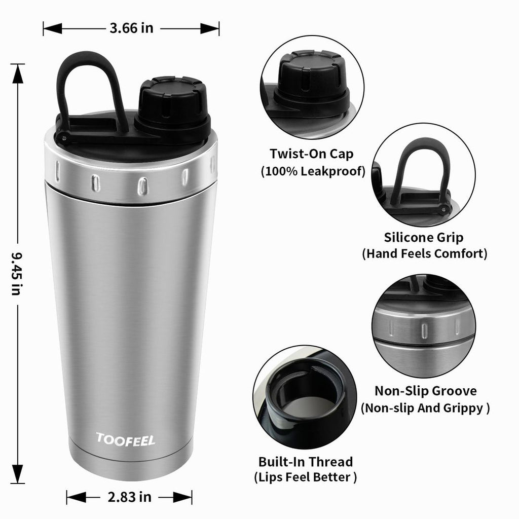 Protein-Shaker Edelstahl 590ml – Doppelwandig Isoliert, Vakuum, Kalt & Heiß, Silber