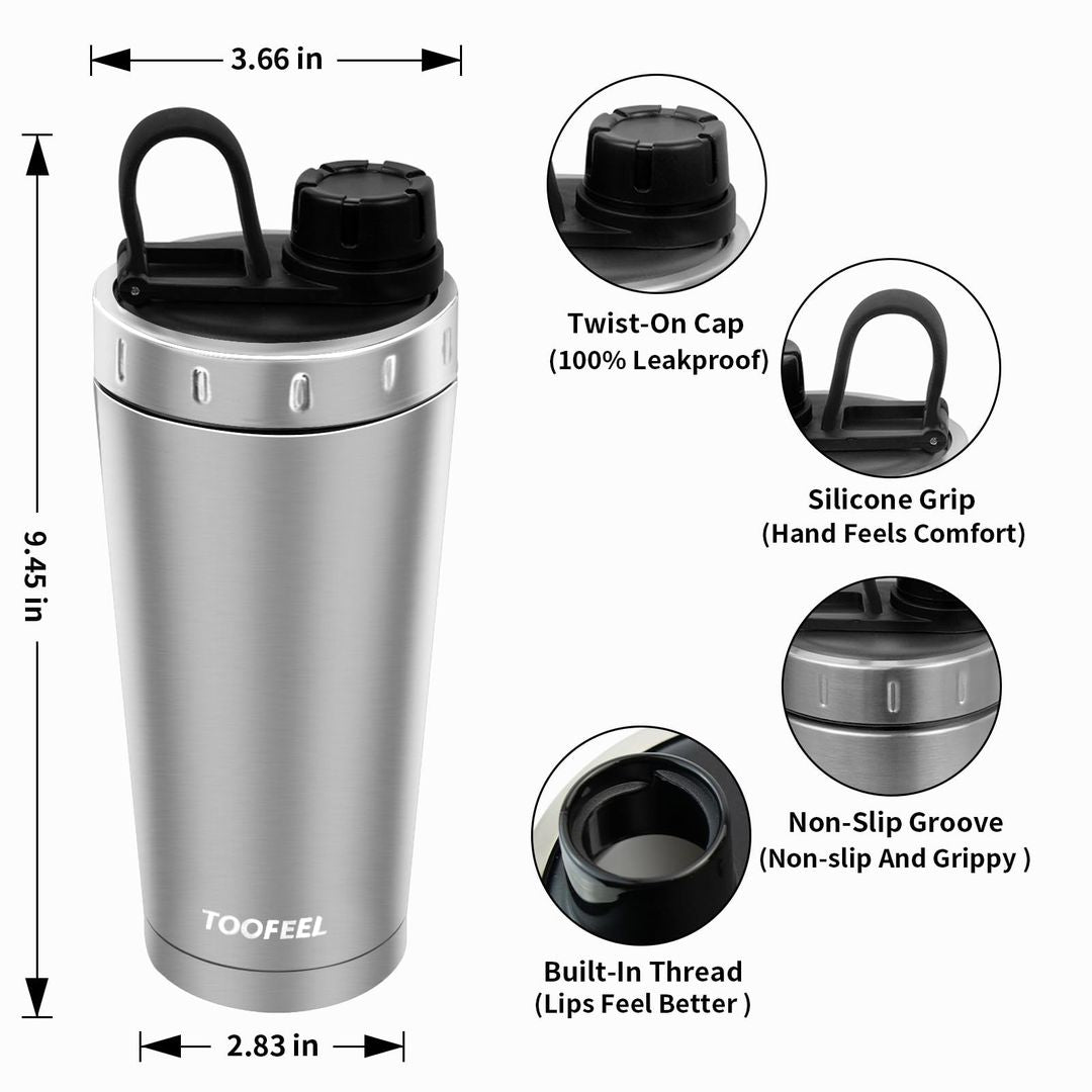 Protein-Shaker Edelstahl 590ml – Doppelwandig Isoliert, Vakuum, Kalt & Heiß, Silber