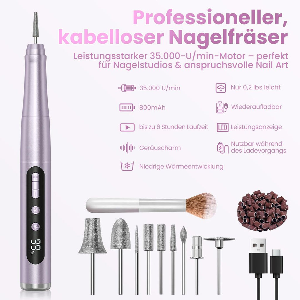Elektrische Nagelfräse Kabellos – 35.000 U/min, Wiederaufladbar, Roségold