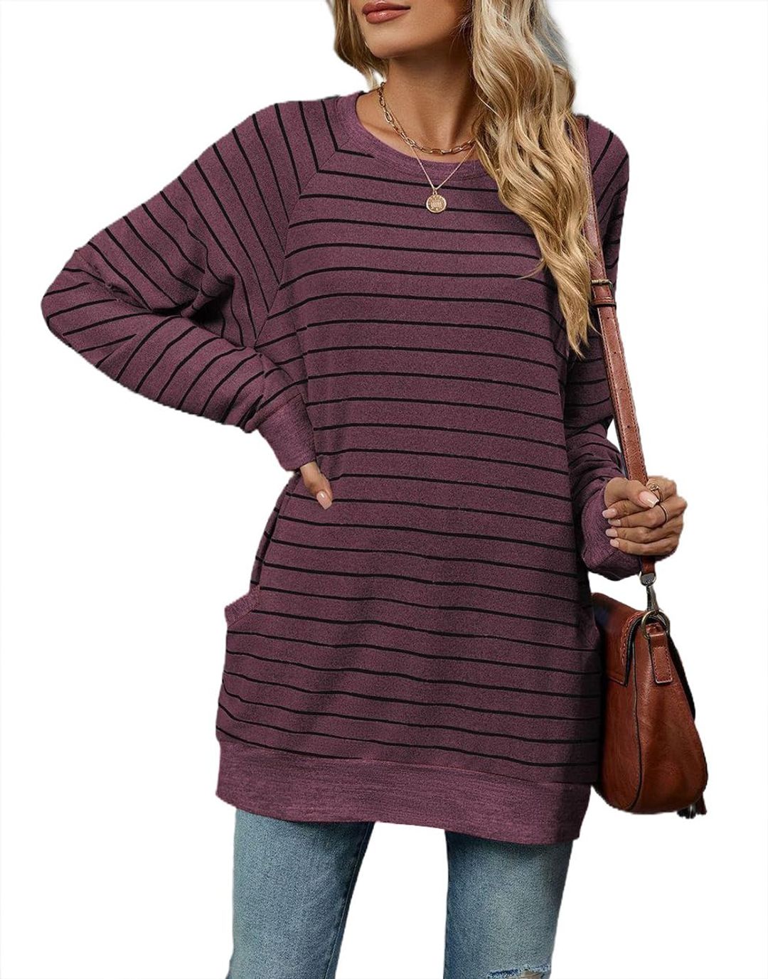 Damen Langer Pullover mit Taschen – Gestreift