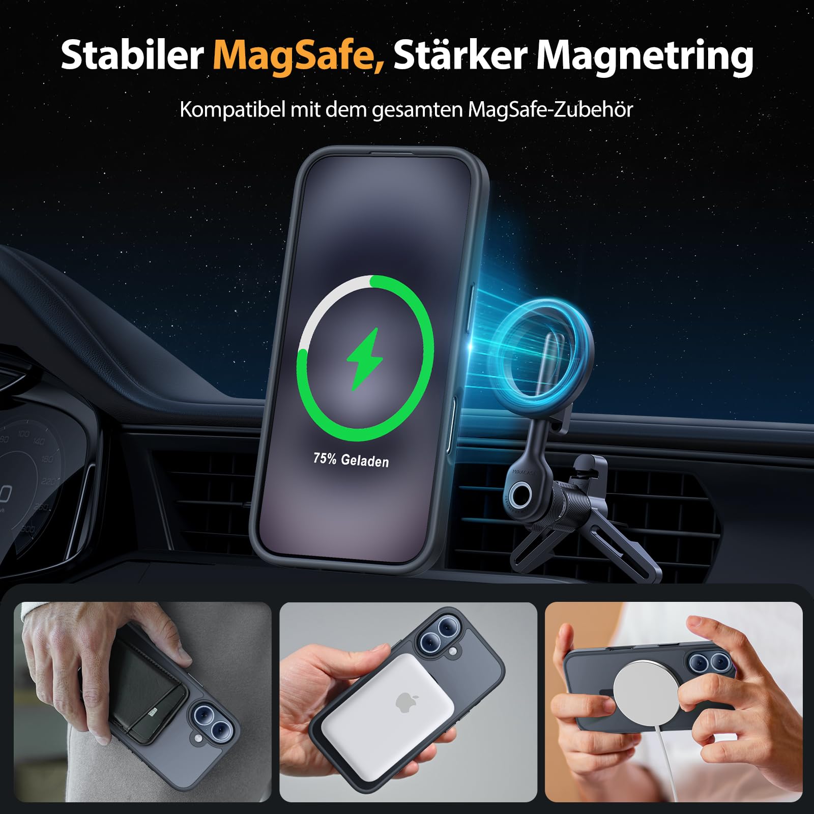Magnetische Hülle – iPhone 16, MagSafe, 2 Displayschutzfolien, Schwarz Slim