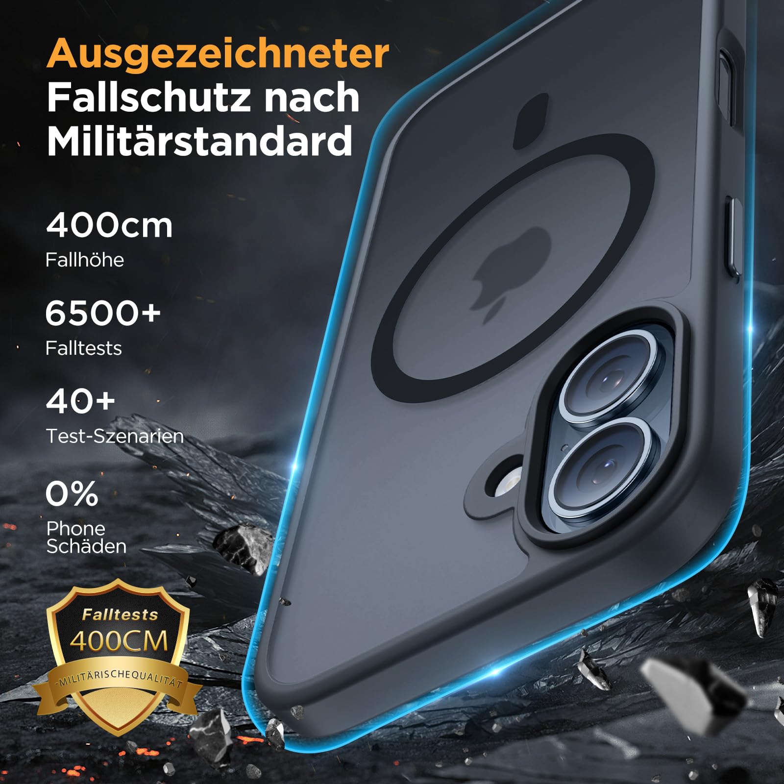 iPhone 17 Hülle – MagSafe, Gehärtetes Glas, Militärstandard, Stossfest, Mattschwarz, 6,3 Zoll