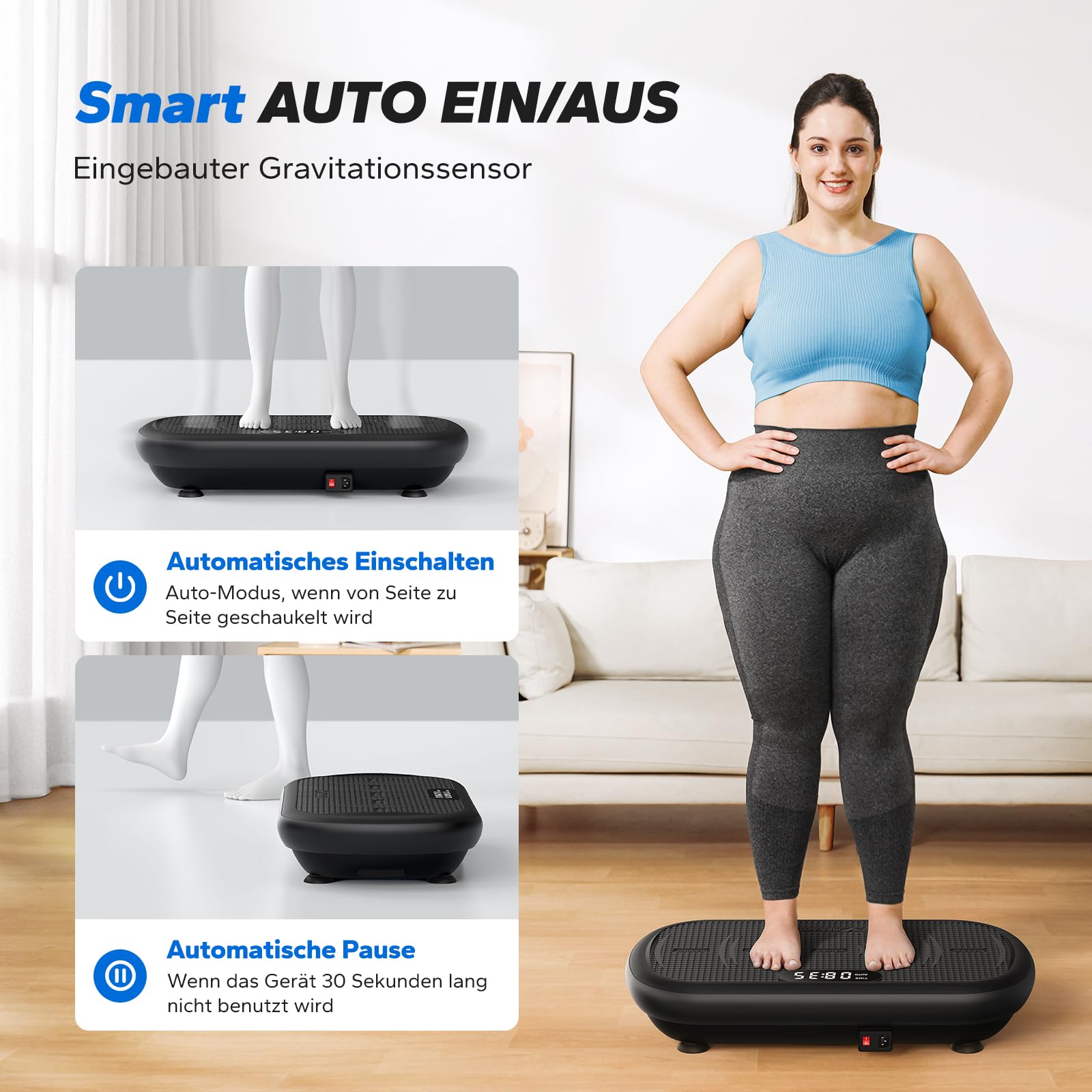 Vibrationsplatte 13mm Amplitude – 200kg Tragkraft, Bluetooth-Lautsprecher, Schwarz