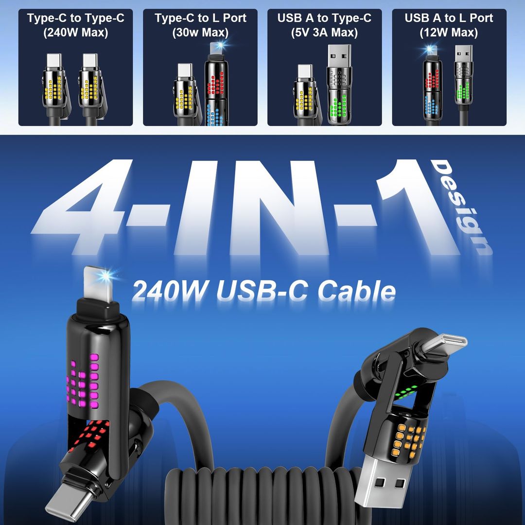4-in-1 USB-Ladekabel mit LED, bis 240 W, 2 m, Grau-Schwarz