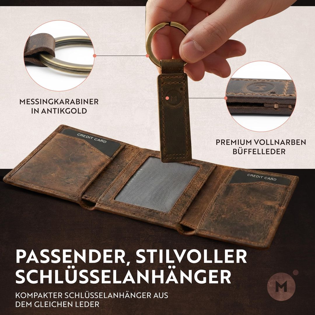 Leder Geldbörse & Schlüsselanhänger Geschenkset – Echtes Büffelleder, Handgefertigt, Münzfach