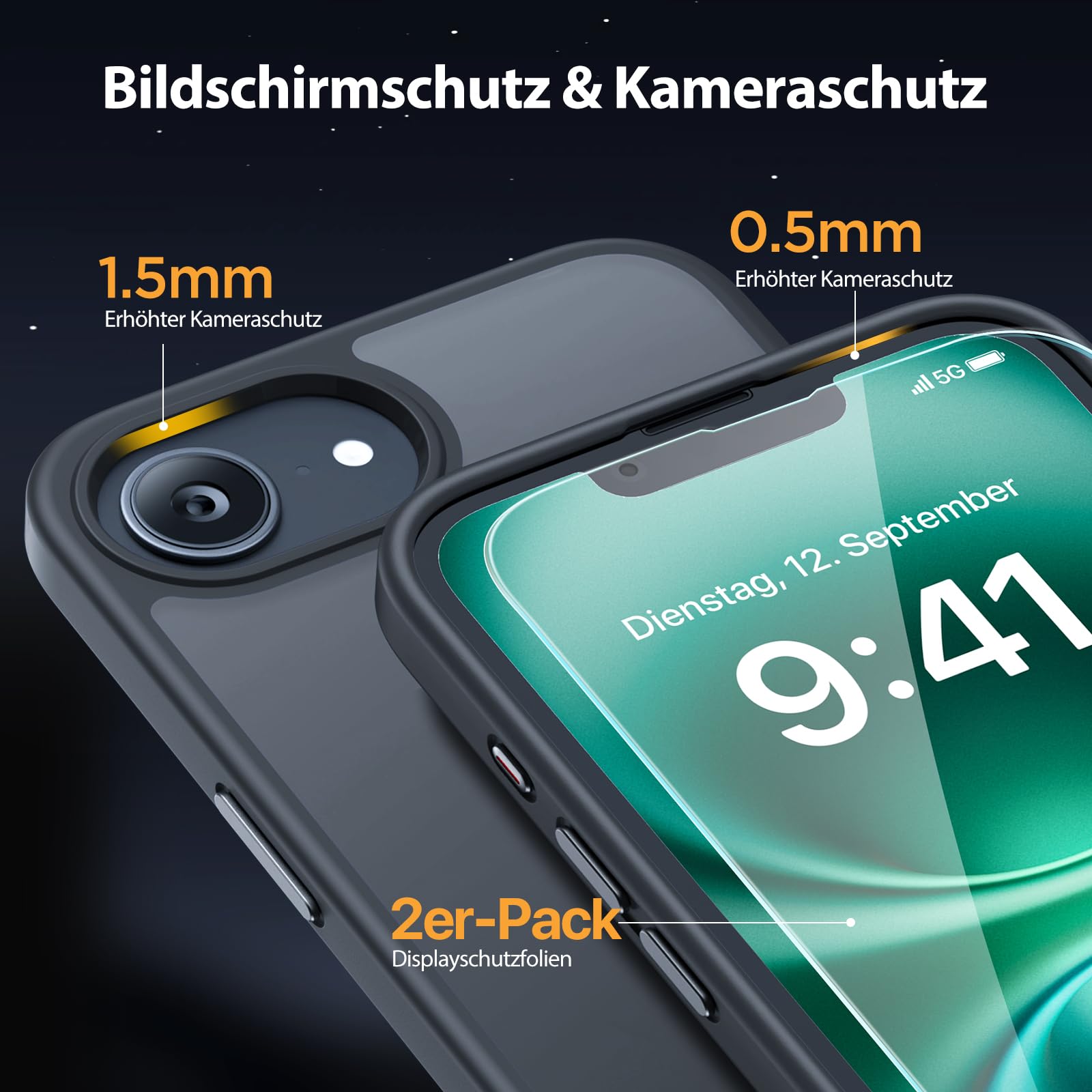 iPhone 16e Hülle – 360-Grad-Rundumschutz, Militärstandard, 2 Displayschutzfolien, Mattschwarz, 6,1 Zoll