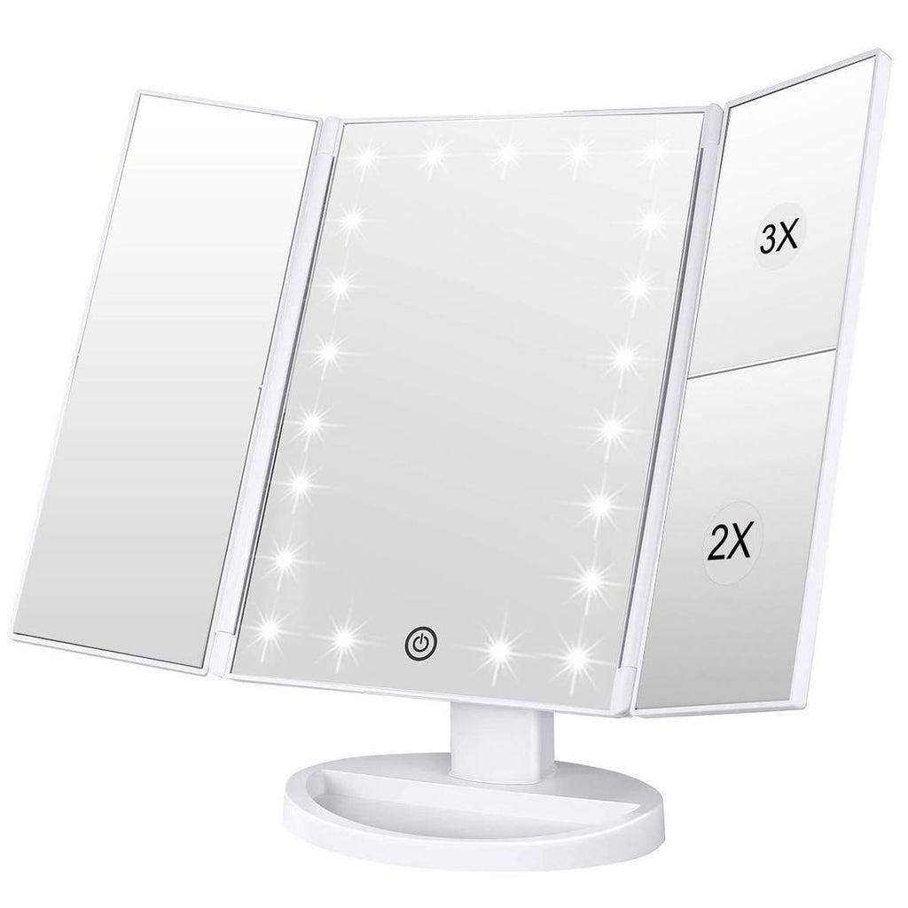 Schminkspiegel mit 21 LEDs – Dreifach, 2X/3X Vergrößerung, Touch-Schalter, Weiss