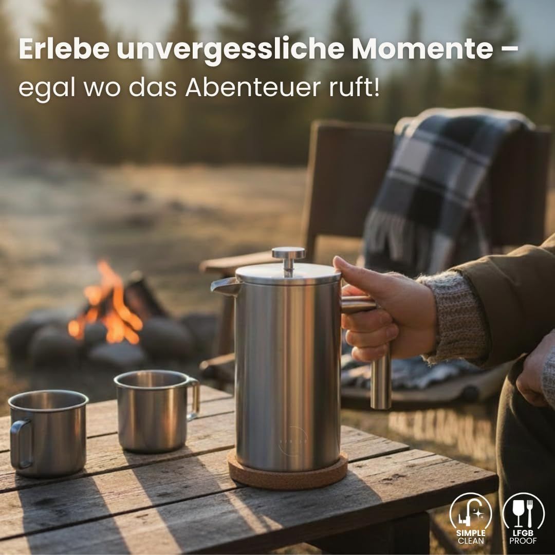 French Press Edelstahl 600ml – Doppelwandig Isoliert, 3 Filter & Korkuntersetzer, Matt