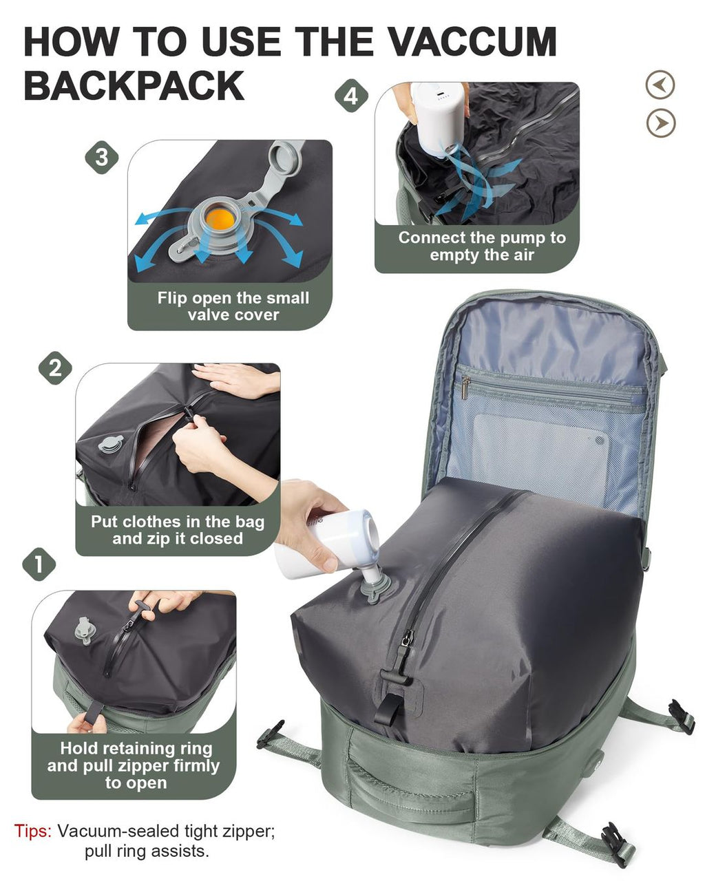 Vakuum Rucksack mit Pumpe – Reise-Luftsack, Gruen