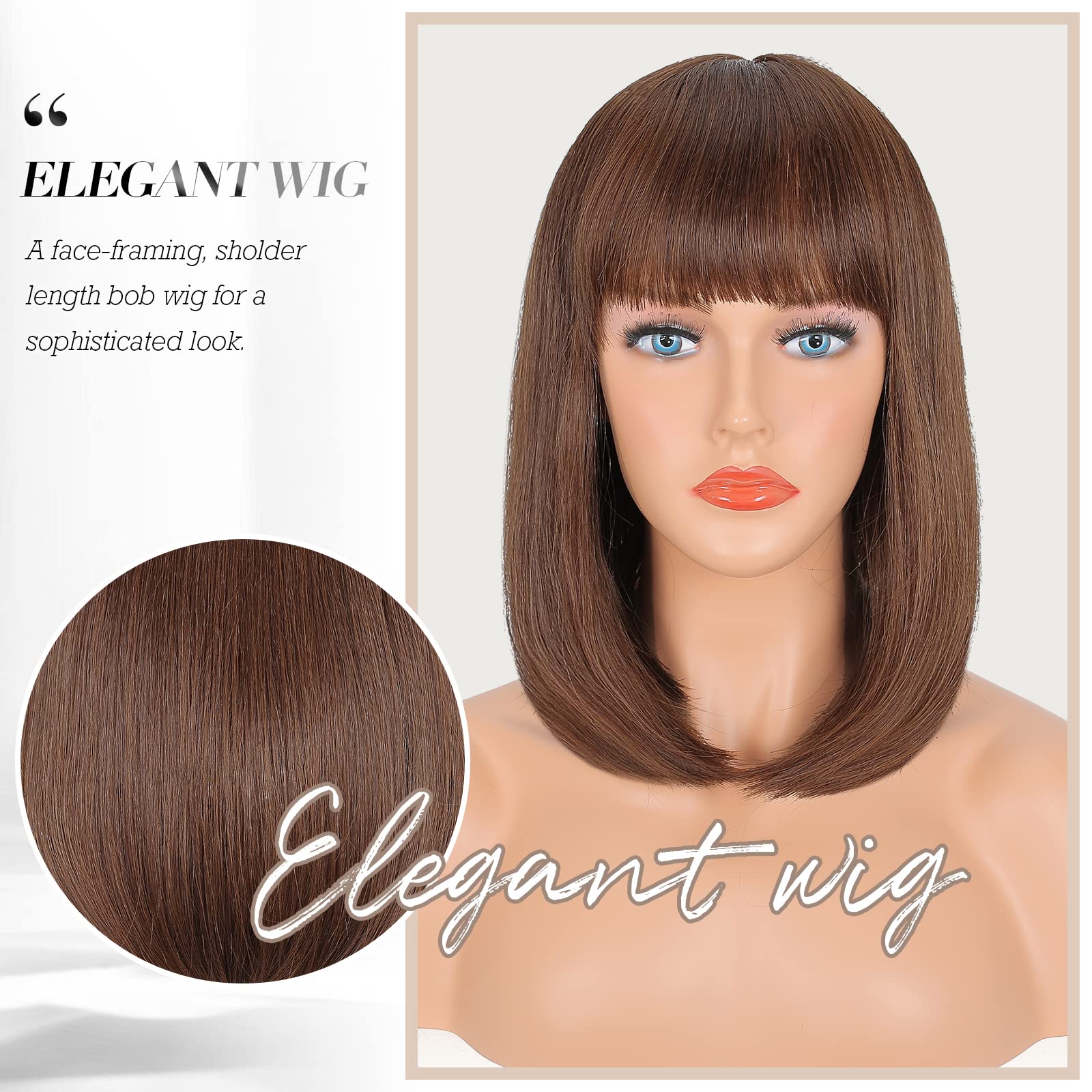 ESHFEN Blonde gewellte Perücke mit Pony – Langer Bob, synthetisch, 35 cm
