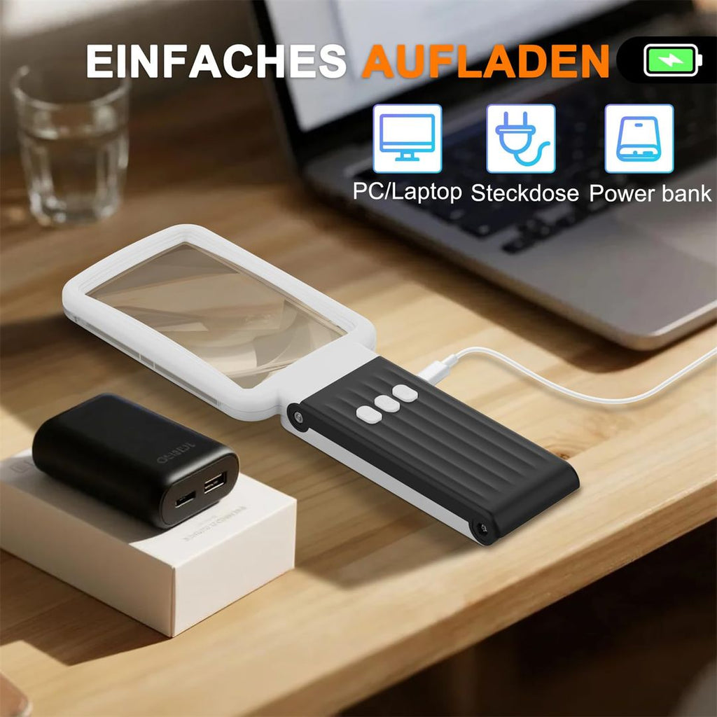 Lupe 10x Vergrößerung – Klappbar, Wiederaufladbar, LED-Licht, Glaslinse & Ständer