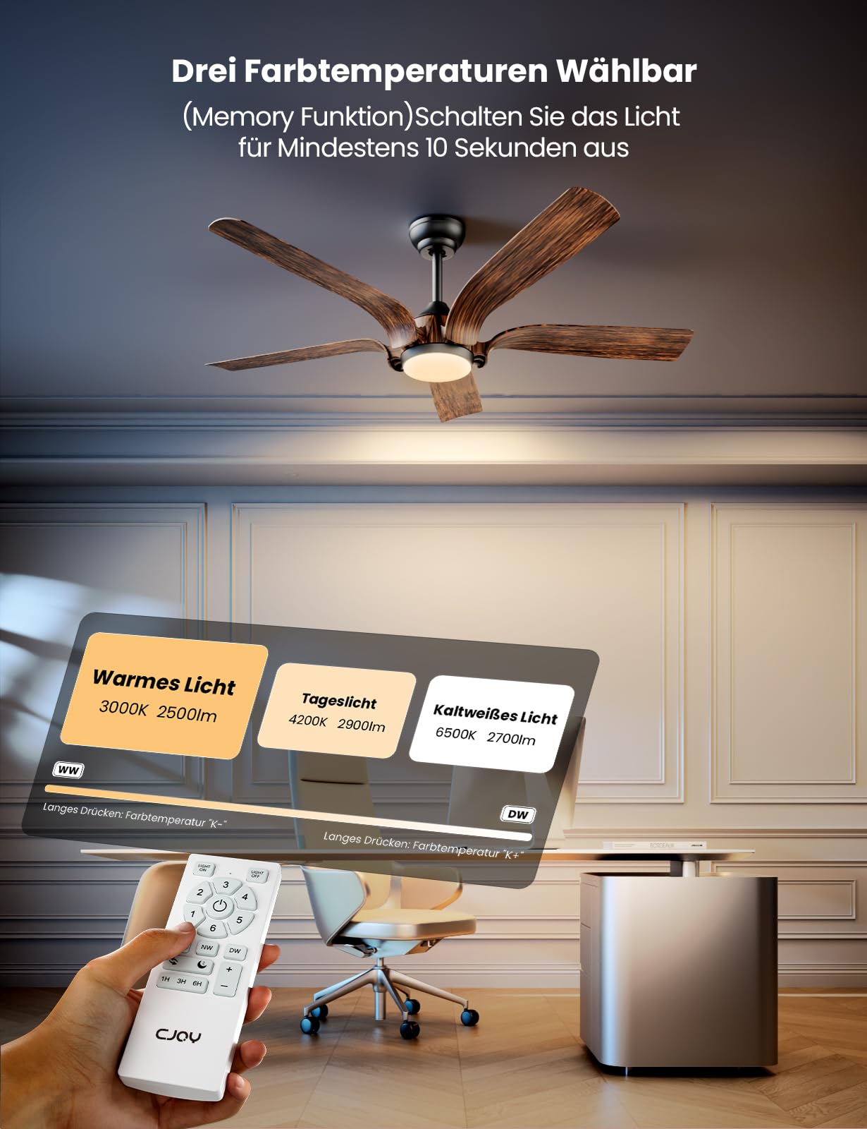 CJOY Deckenventilator mit Fernbedienung, 142 cm Durchmesser, mit Beleuchtung