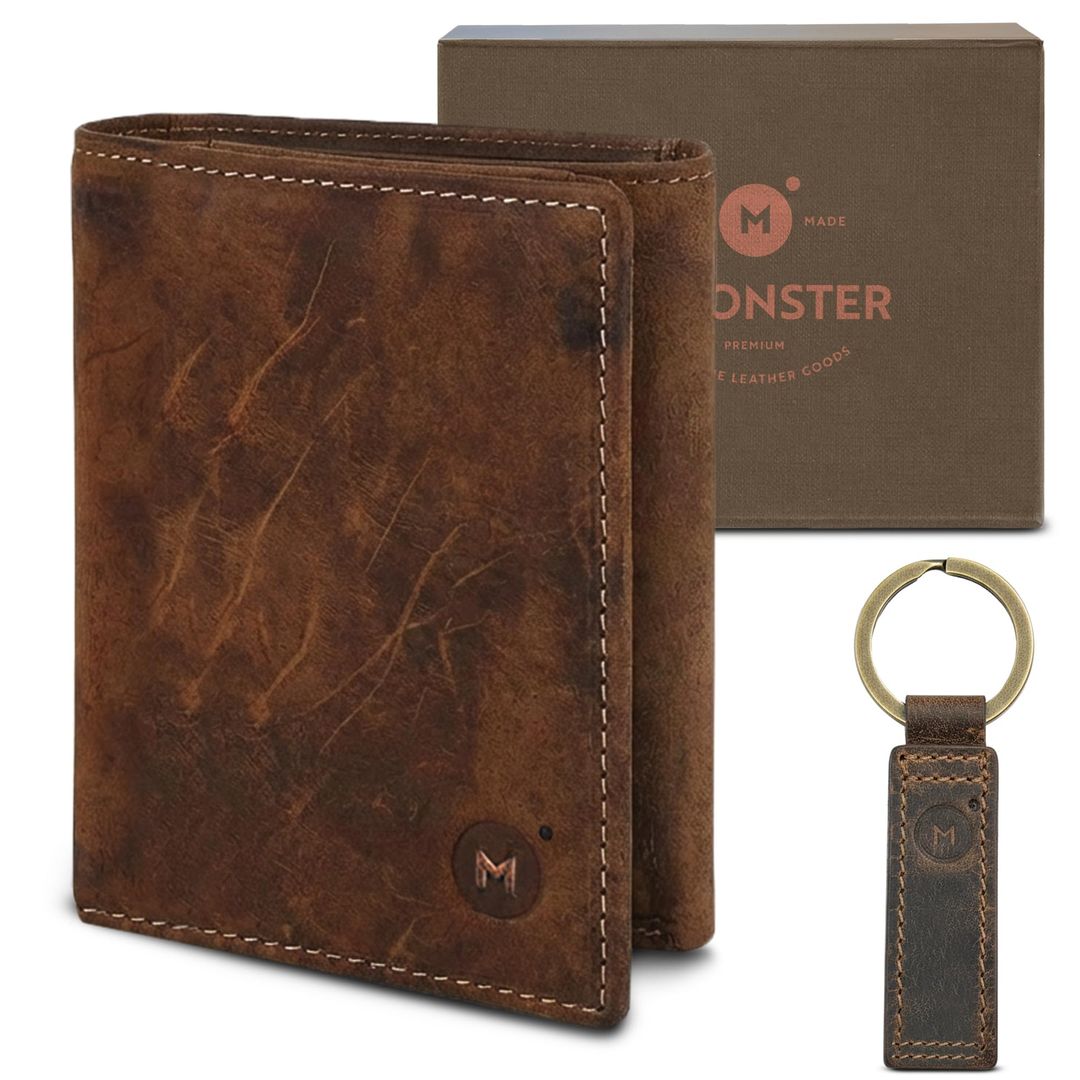 Leder Geldbörse & Schlüsselanhänger Geschenkset – Echtes Büffelleder, Handgefertigt, Münzfach