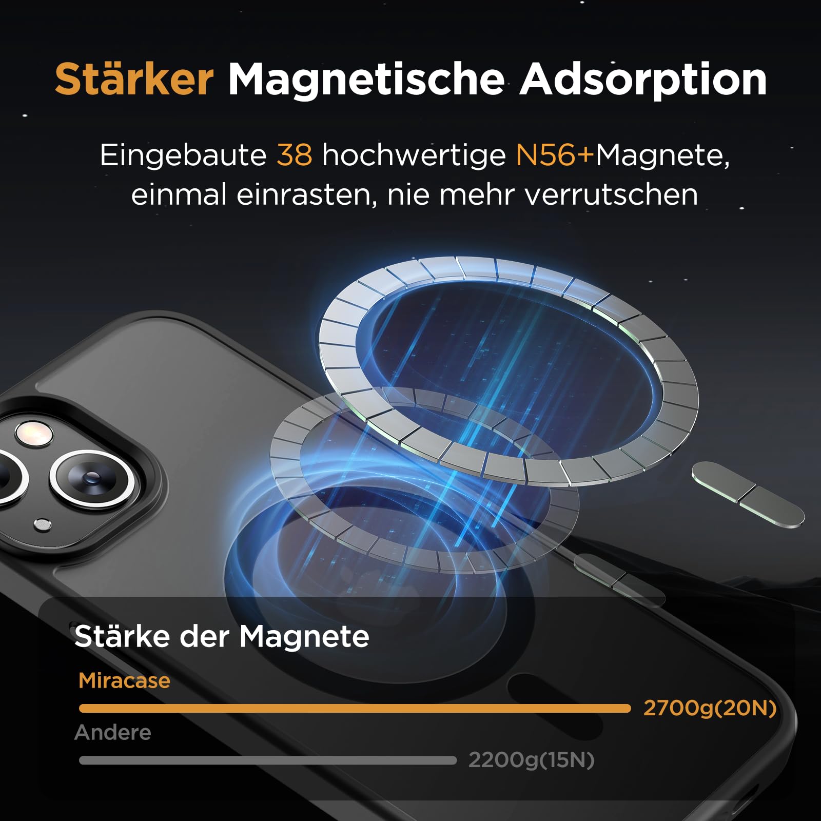 Miracase Magnetische iPhone 13 Hülle, stoßfest nach Militärstandard – Matt Schwarz, 6,1 Zoll