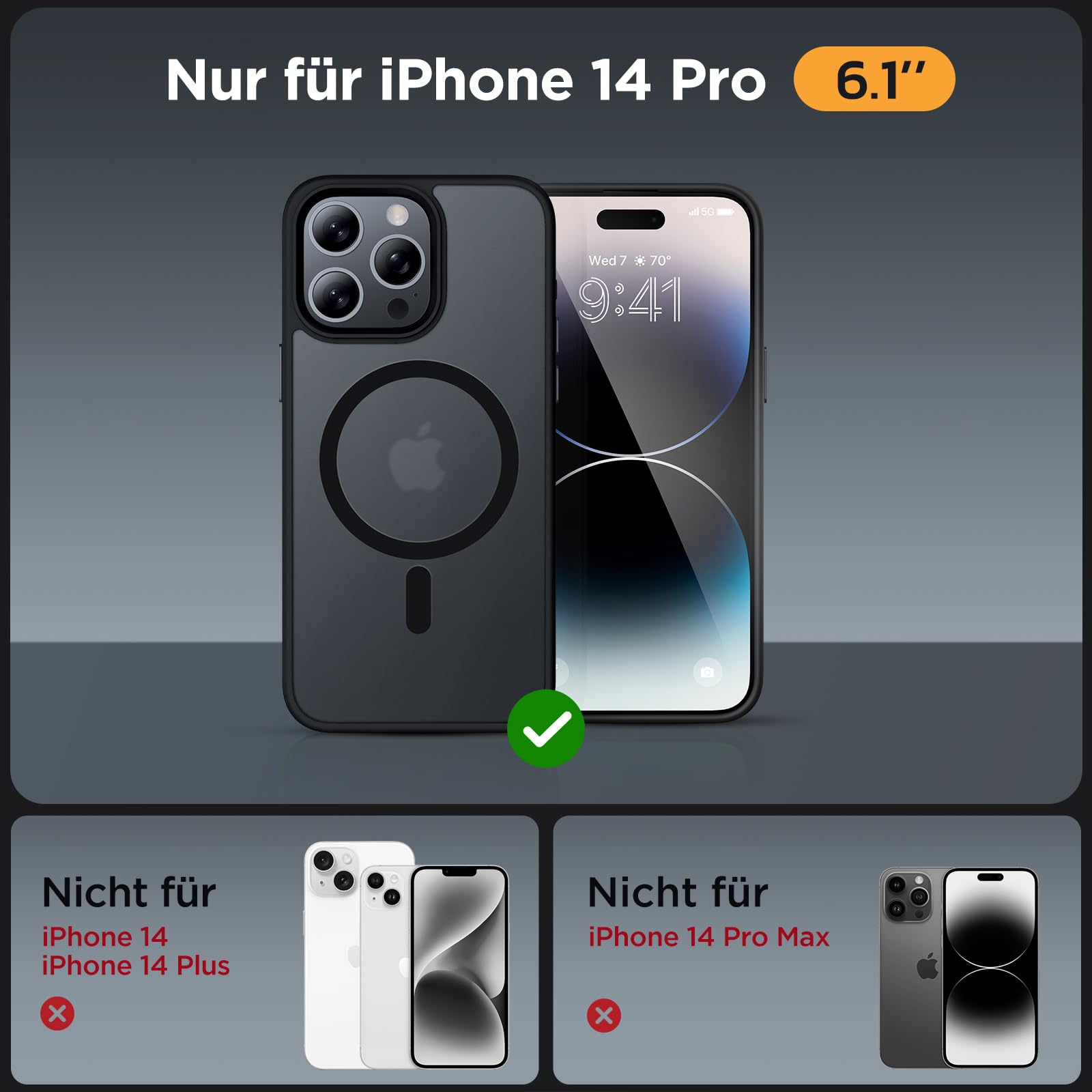 Miracase Hülle – iPhone 14 Pro, 2 Displayschutzfolien, Militärstandard, Mattschwarz
