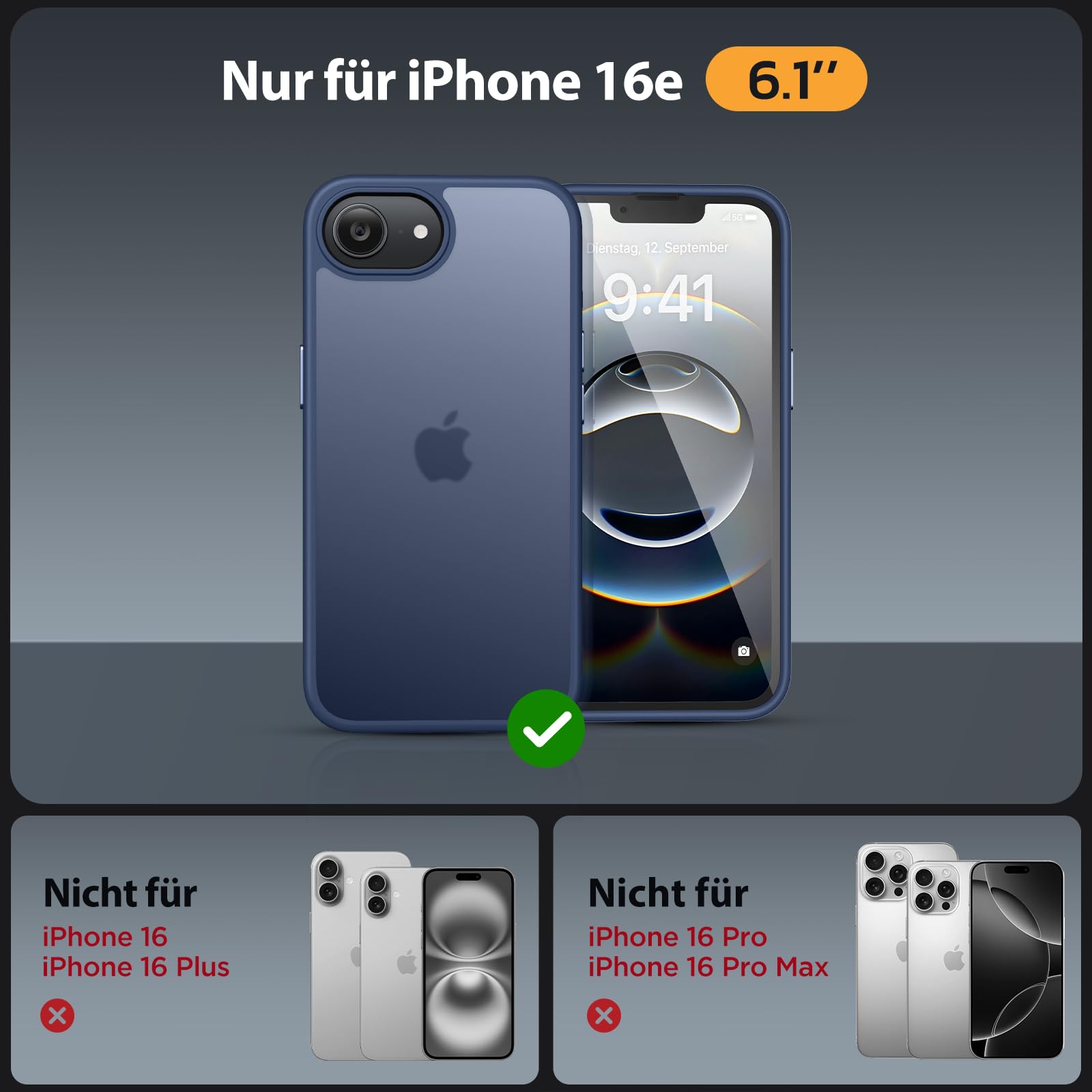 Miracase Hülle für iPhone 16e mit 2 Displayschutzfolien, 360°-Airbags, Militärstandard-Schutz – Mattblau, 6,1 Zoll