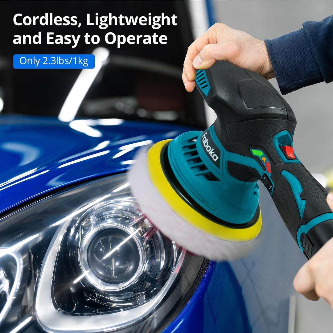 Akku-Autopolierer 12V Exzenter – 25 Aufsätze, 2x 2,0Ah Akku, 6 Stufen, 5500 U/min