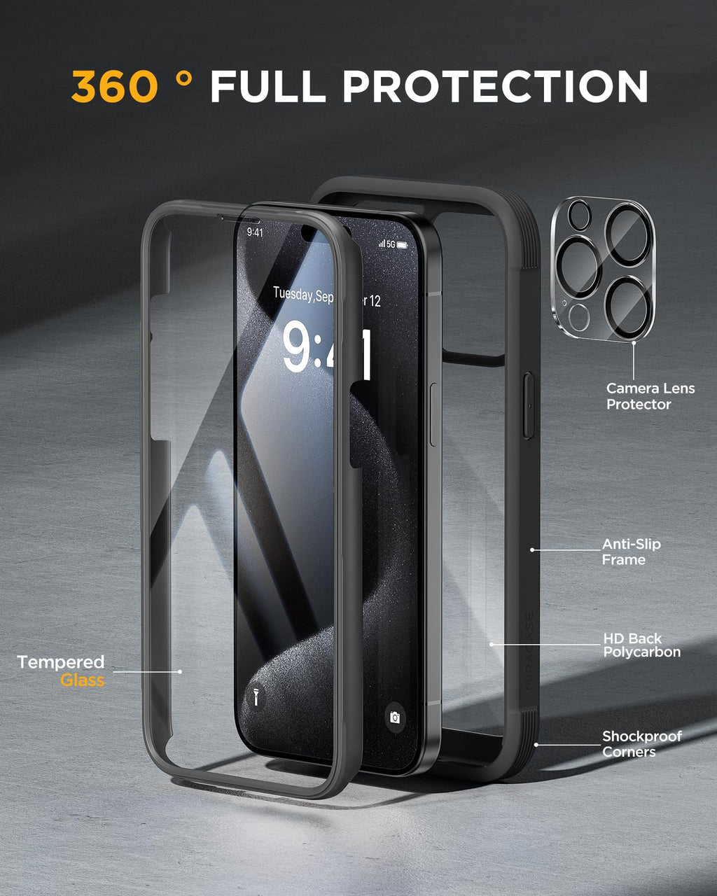 iPhone 15 Pro 360-Grad-Schutzhülle – Glas-Displayschutzfolie, Stossfest, Schwarz