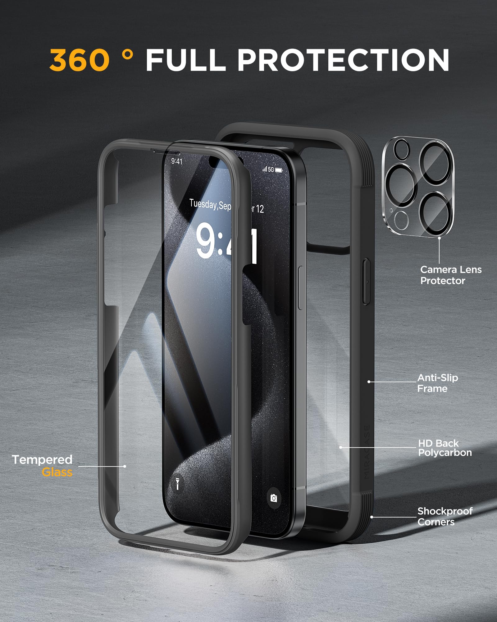 iPhone 15 Pro 360-Grad-Schutzhülle – Glas-Displayschutzfolie, Stossfest, Schwarz