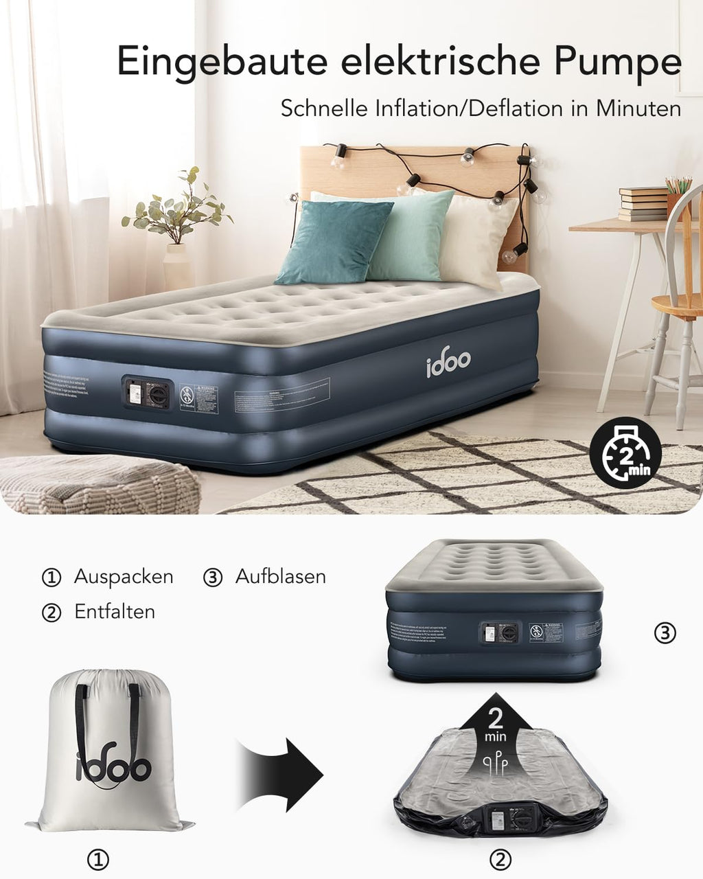 iDOO Единичен надуваем матрак, самонадуващ се