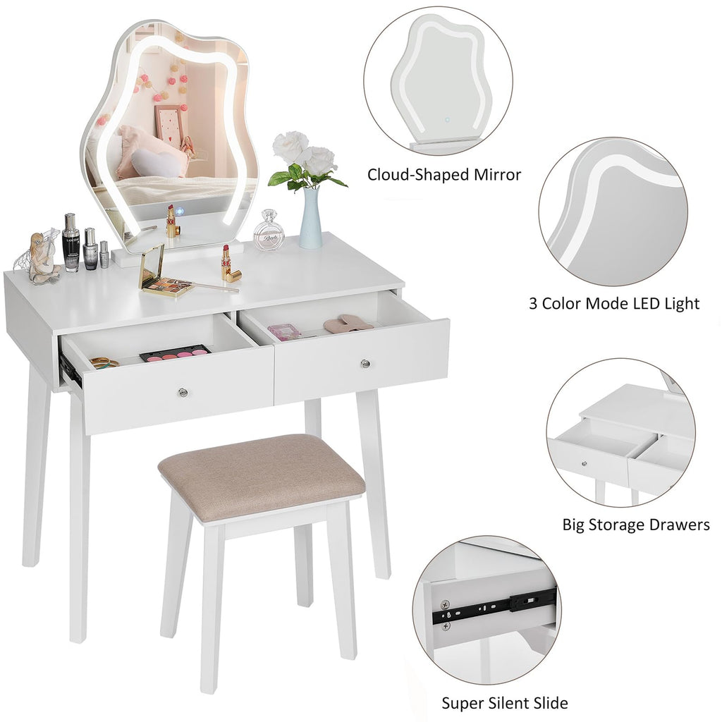 ANWBROAD Schminktisch mit LED-Spiegel und Hocker – 3 Farbmodi, Dimmfunktion, Weiss BDT52W