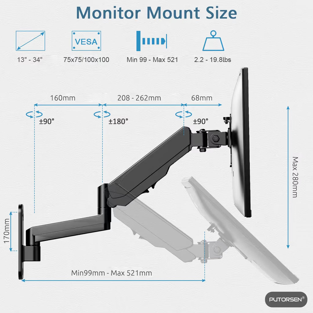 PUTORSEN Monitor Wandhalterung – 13-34 Zoll, Gasfeder, Höhenverstellbar, Neigbar, Drehbar, VESA 75/100