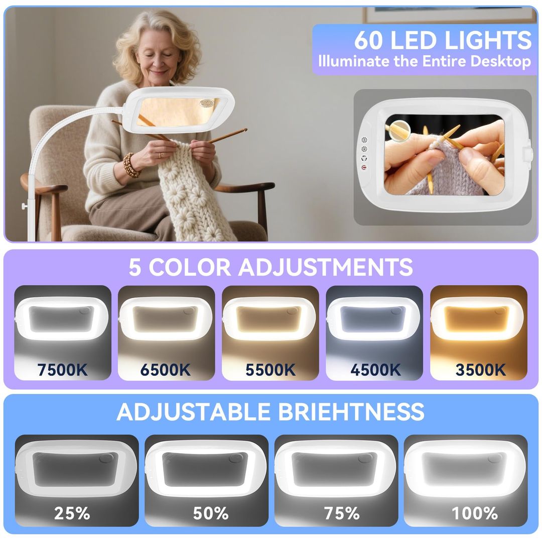 Lupe 10x mit LED-Lampe – 60 LEDs, 5 Farbtemperaturen, 4 Helligkeitsstufen, Weiß