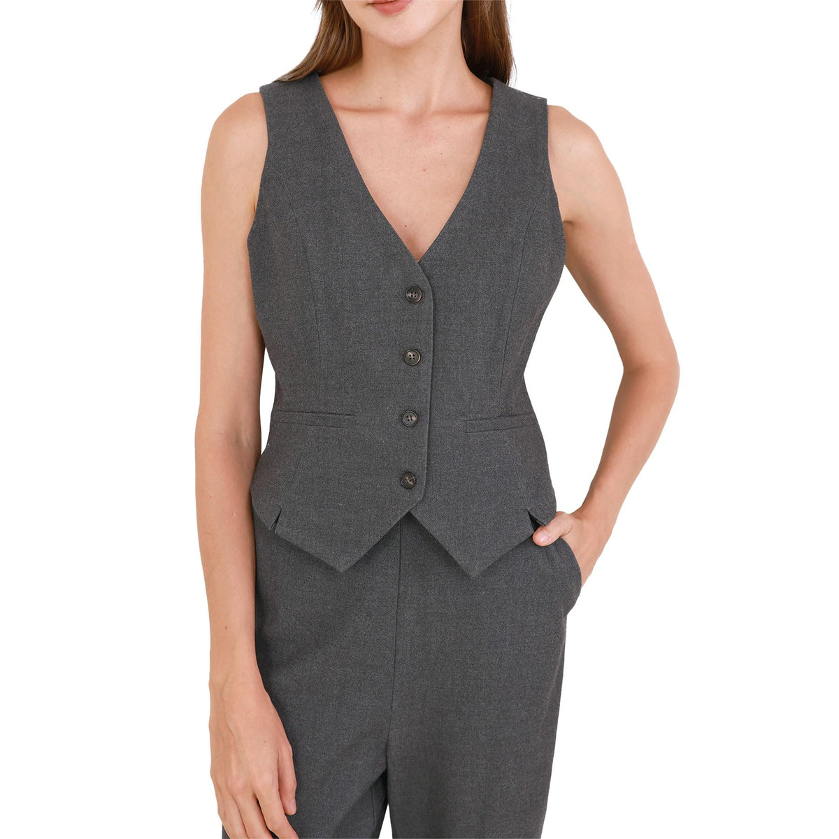 Damen-Wollweste mit V-Ausschnitt und Knöpfen, Slim Fit