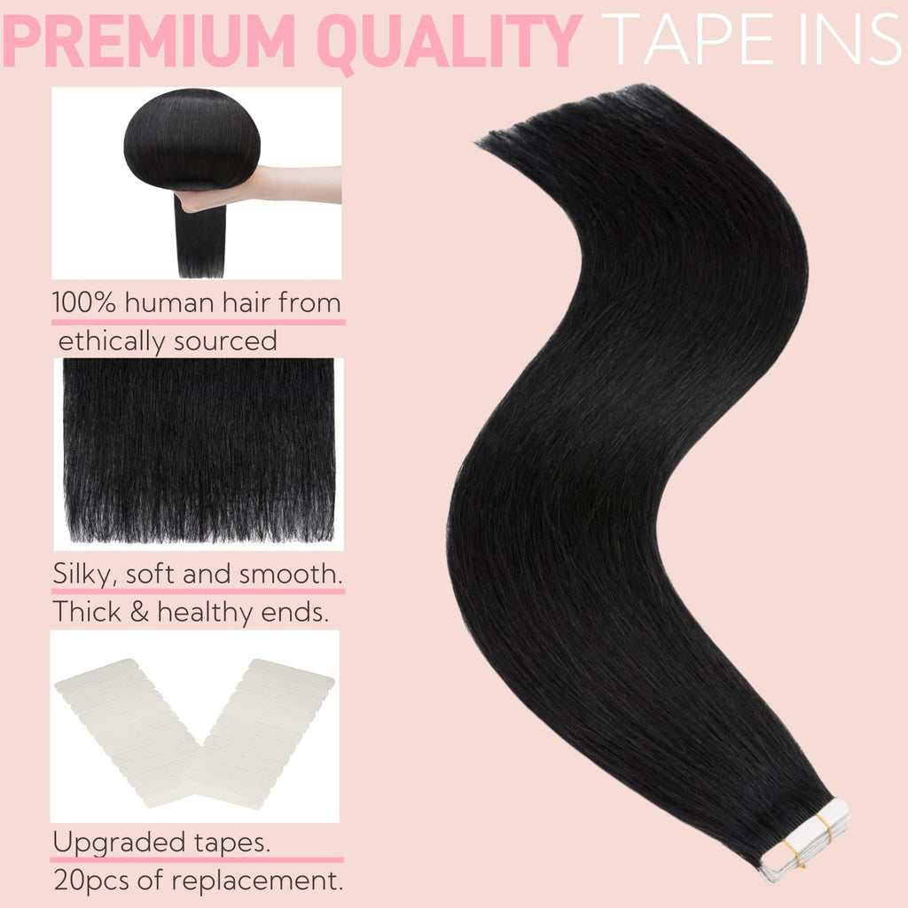 Tape-in Haarverlängerungen Echthaar doppelt genäht 20 Teile – Schwarz 35 cm