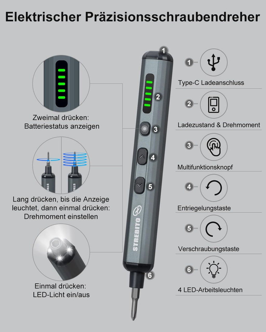 Mini-Elektroschraubendreher-Set 70-in-1 – 64 Bits, 5 Drehmomente, 4 LED, Kabellos