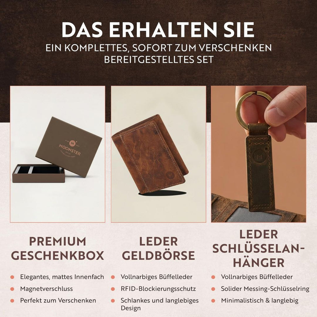 Leder Geldbörse & Schlüsselanhänger Geschenkset – Echtes Büffelleder, Handgefertigt, Münzfach