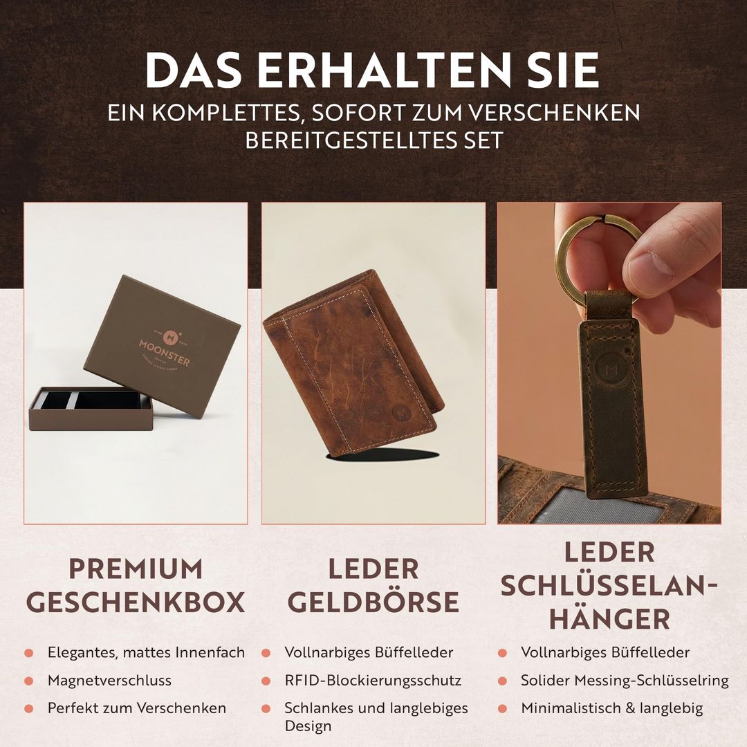 Leder Geldbörse & Schlüsselanhänger Geschenkset – Echtes Büffelleder, Handgefertigt, Münzfach