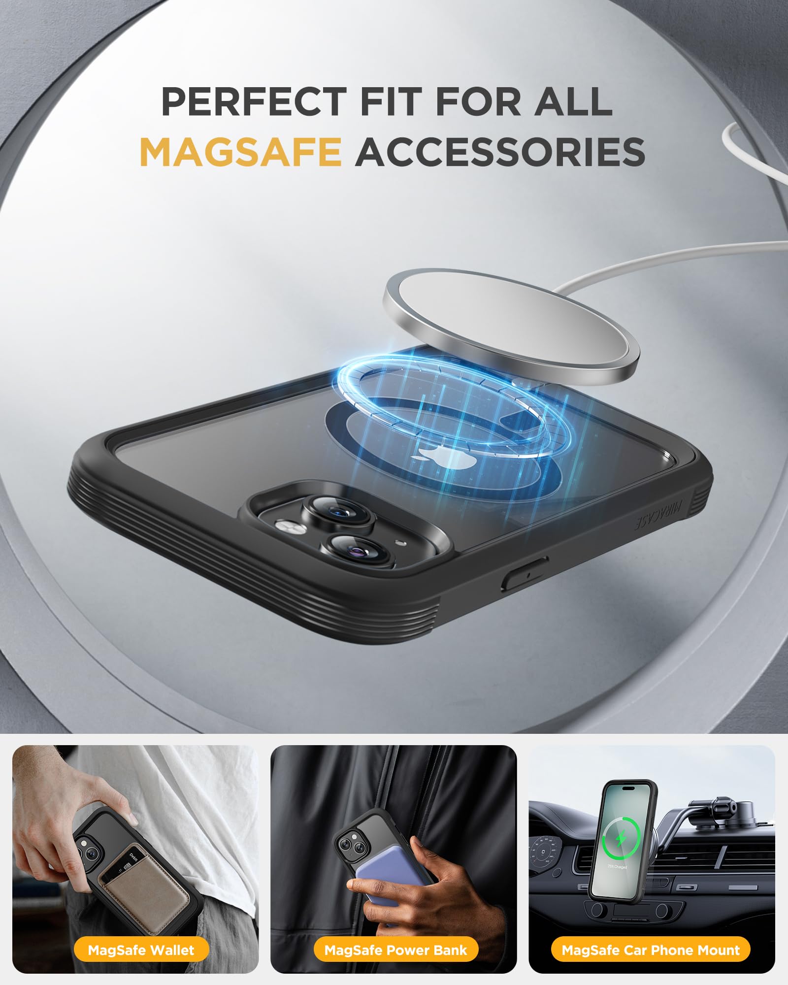 Miracase 360-Grad-Hülle – iPhone 15, MagSafe, Glasschutz, Schwarz, 6,1 Zoll