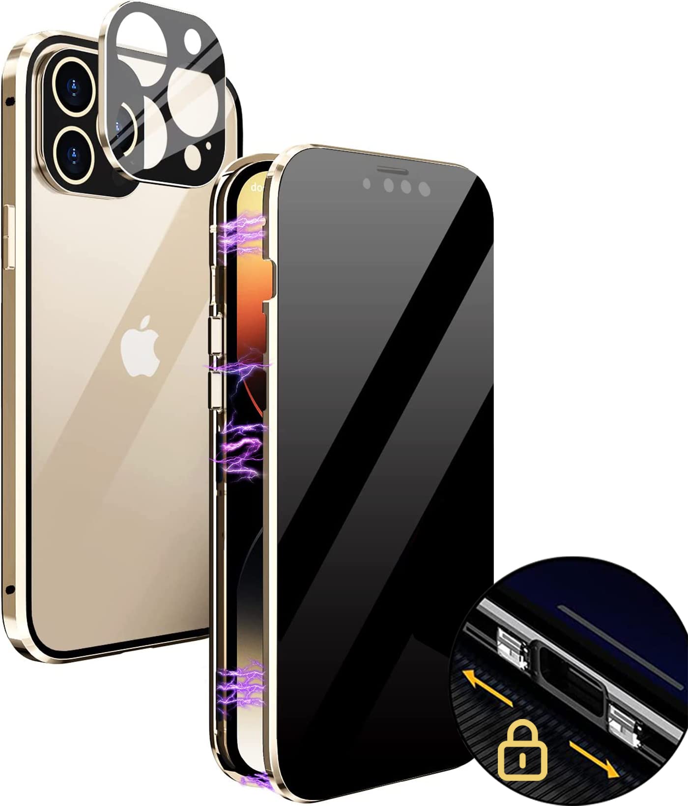 Anti Spy Hülle – iPhone 12 Pro Max, 360 Grad, Sichtschutz, Panzerglas, Gold