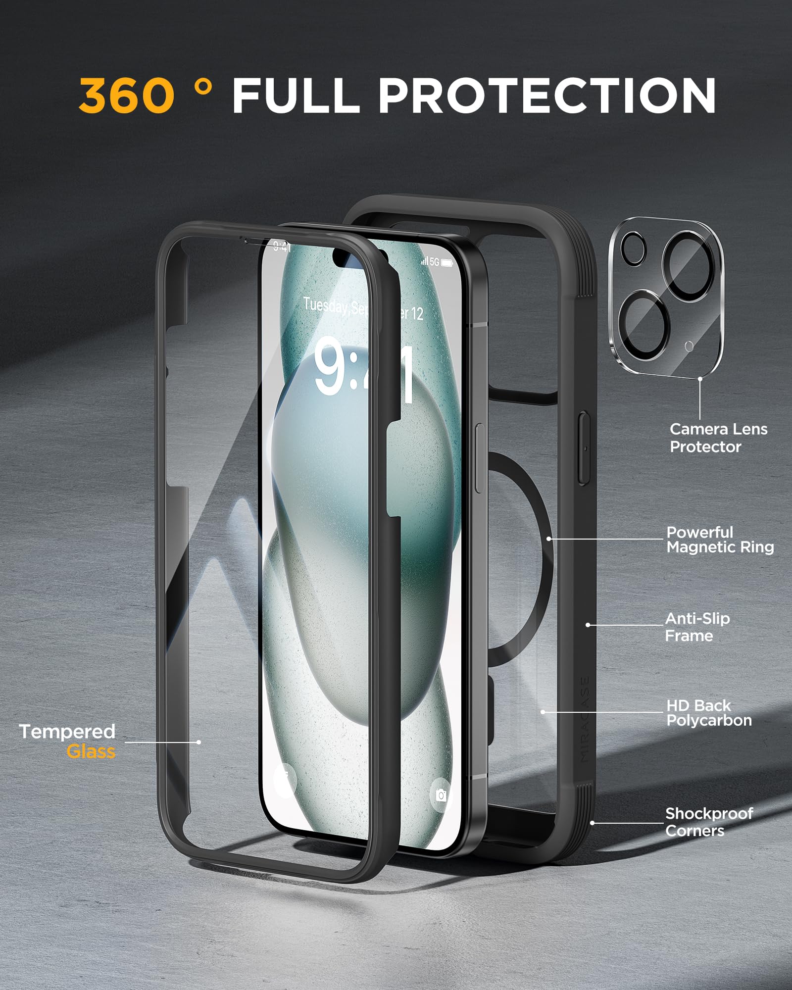 Miracase 360-Grad-Hülle – iPhone 15, MagSafe, Glasschutz, Schwarz, 6,1 Zoll