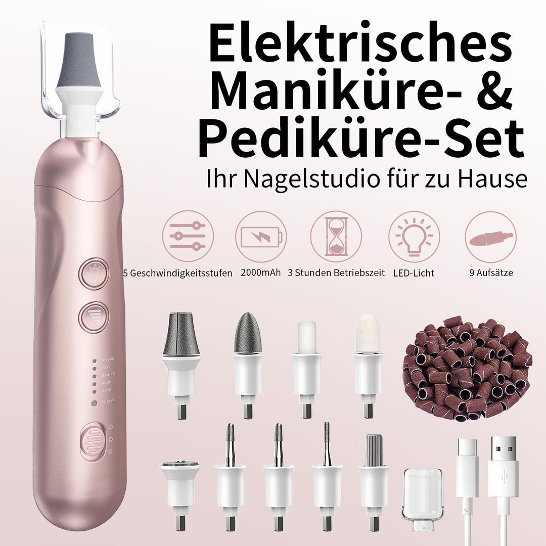 Elektrischer Nagelfräser Set – 9 Aufsätze, 5 Stufen, LED, Aufbewahrungstasche, Champagne Gold